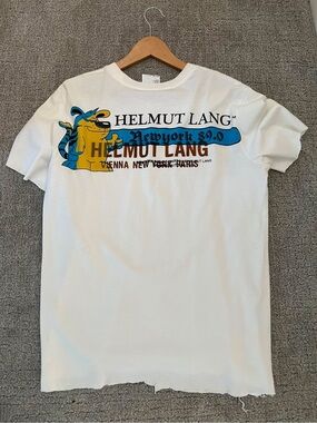 Helmut Lang White Tee with Blue & Yellow Cartoon Graphic